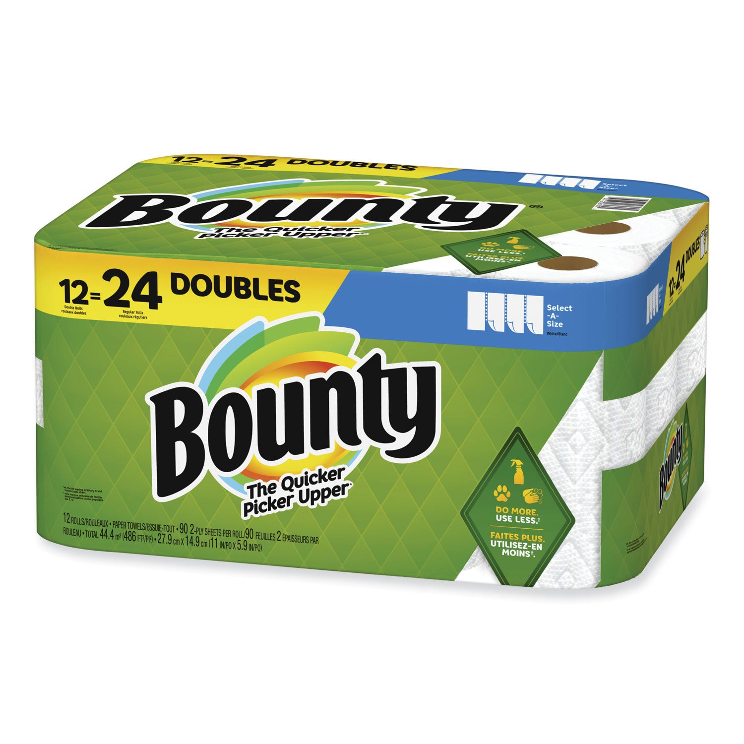 Bounty Select-A-Size Paper Towels - 12 Double Roll = 24 Regular - 2 Ply - 90 Sheets/Roll - White - Perforated, Absorbent, Durable, Thick, Quilted - For Kitchen - 12 / Carton - 4