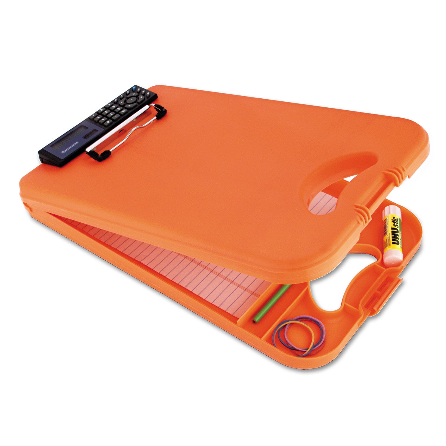 DeskMate II with Calculator, 0.5" Clip Capacity, Holds 8.5 x 11 Sheets, Hi-Vis Orange - 