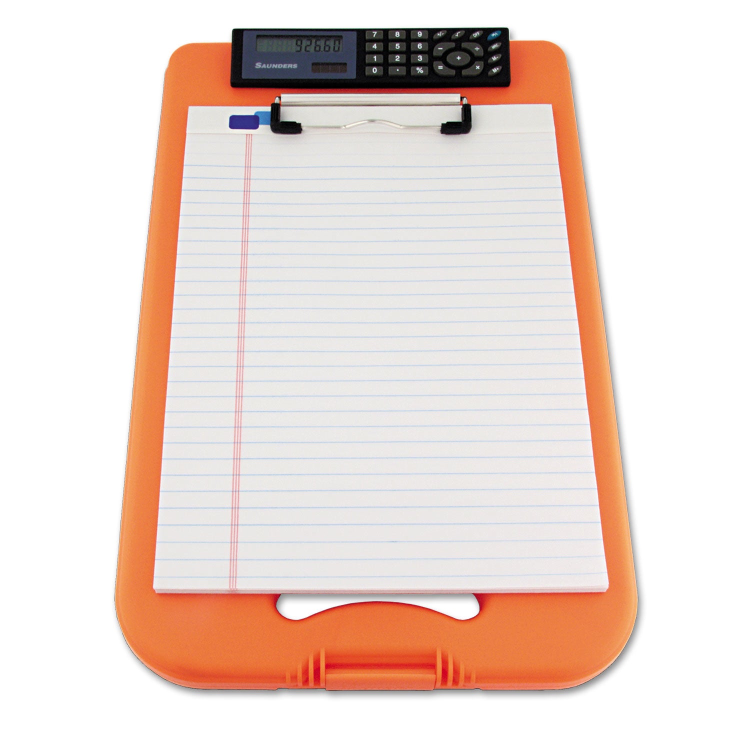 DeskMate II with Calculator, 0.5" Clip Capacity, Holds 8.5 x 11 Sheets, Hi-Vis Orange - 