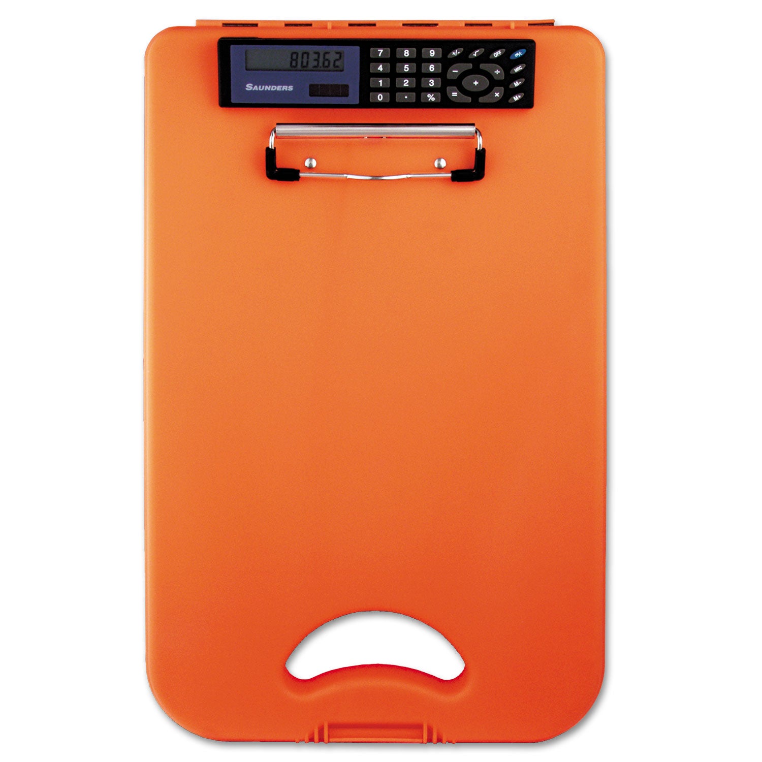 DeskMate II with Calculator, 0.5" Clip Capacity, Holds 8.5 x 11 Sheets, Hi-Vis Orange - 