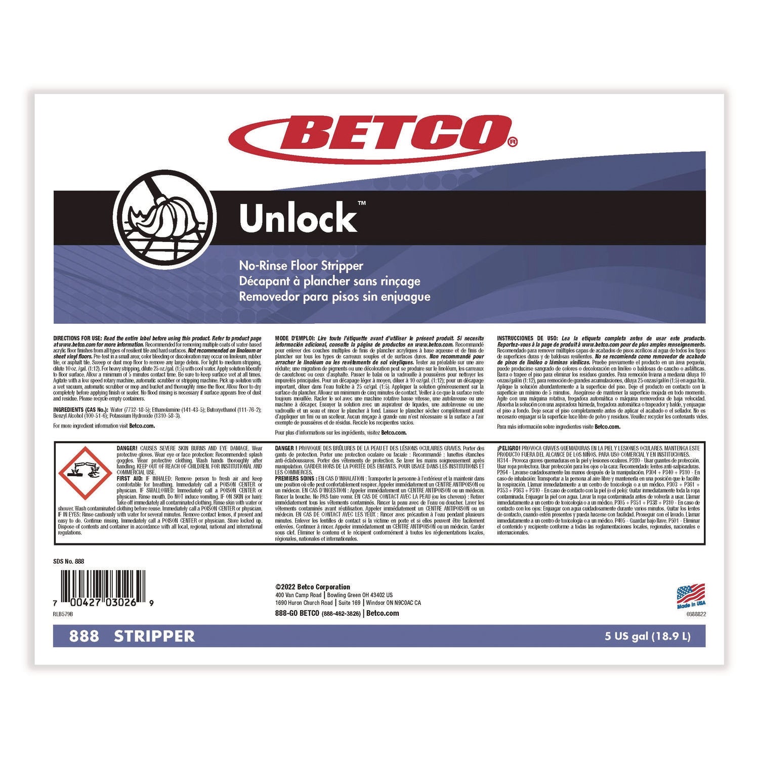Betco Unlock No-Rinse Floor Stripper - Concentrate Liquid - 640 fl oz (20 quart) - 1 Each - Clear