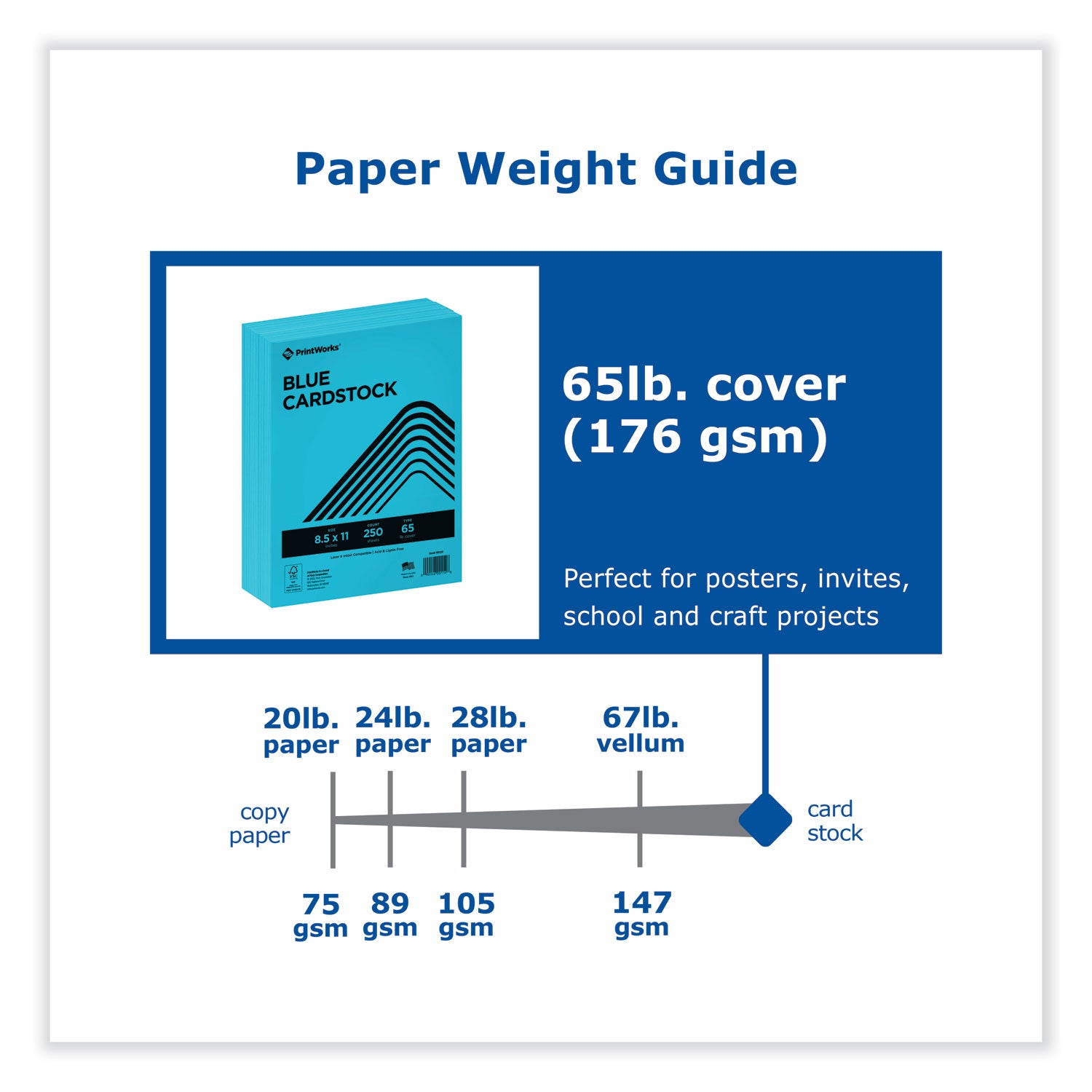 Color Cardstock, 65 lb Cover Weight, 8.5 x 11, Blue, 250/Ream