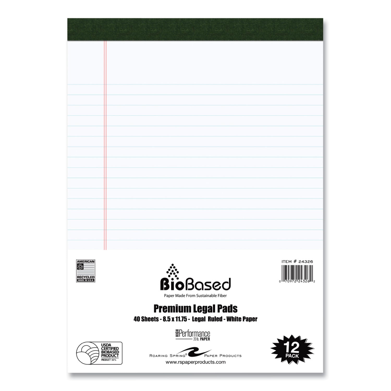 USDA Certified Bio-Preferred Legal Pad, Wide/Legal Rule, 40 White 8.5 x 11.75 Sheets, 12/Pack - 