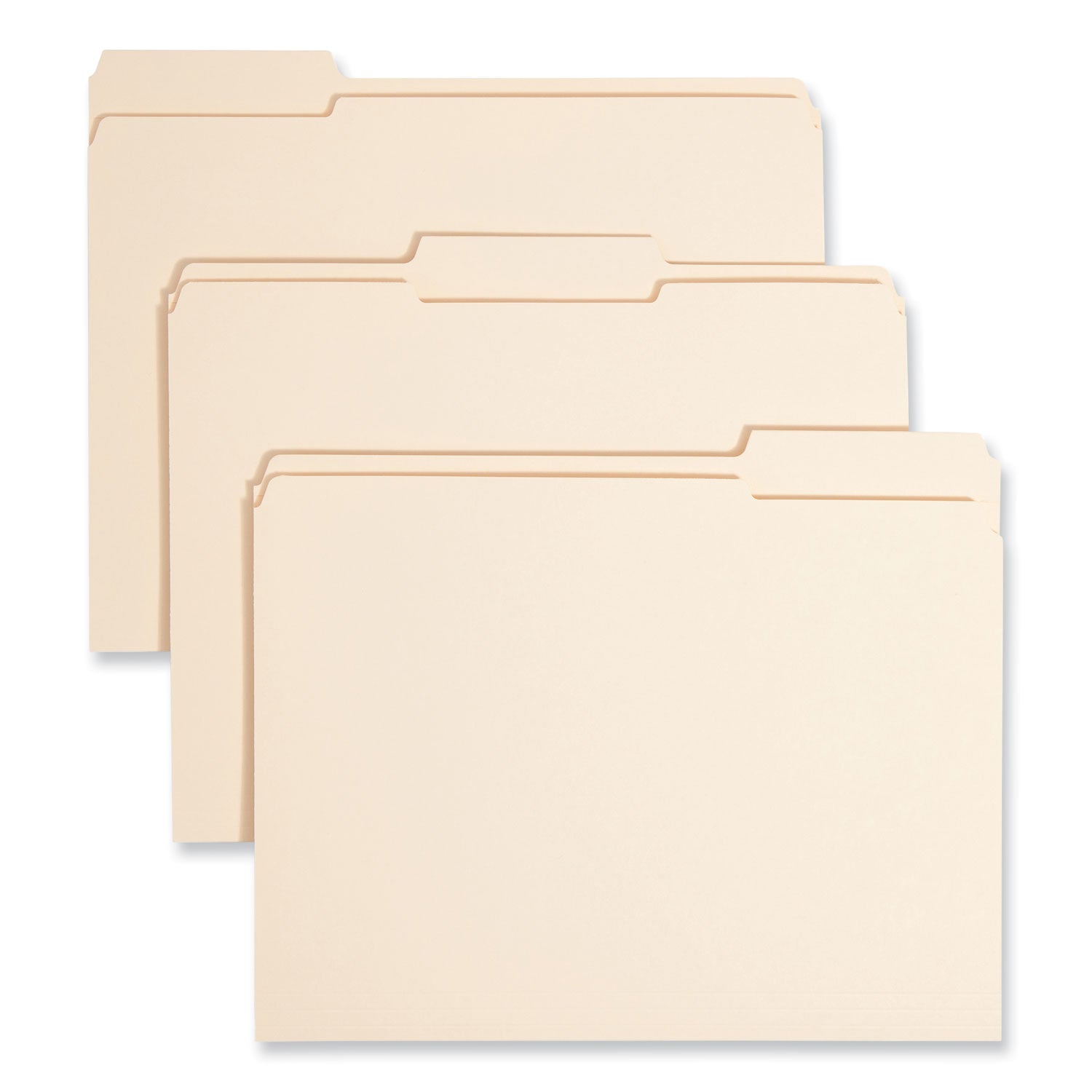Reinforced Tab Manila File Folders, 1/3-Cut Tabs: Assorted, Letter Size, 0.75" Expansion, 14-pt Manila, 100/Box - 
