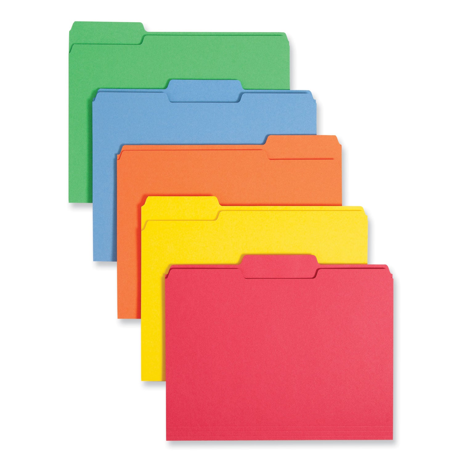 Colored File Folders, 1/3-Cut Tabs: Assorted, Letter Size, 0.75" Expansion, Assorted: Blue/Green/Orange/Red/Yellow, 100/Box - 