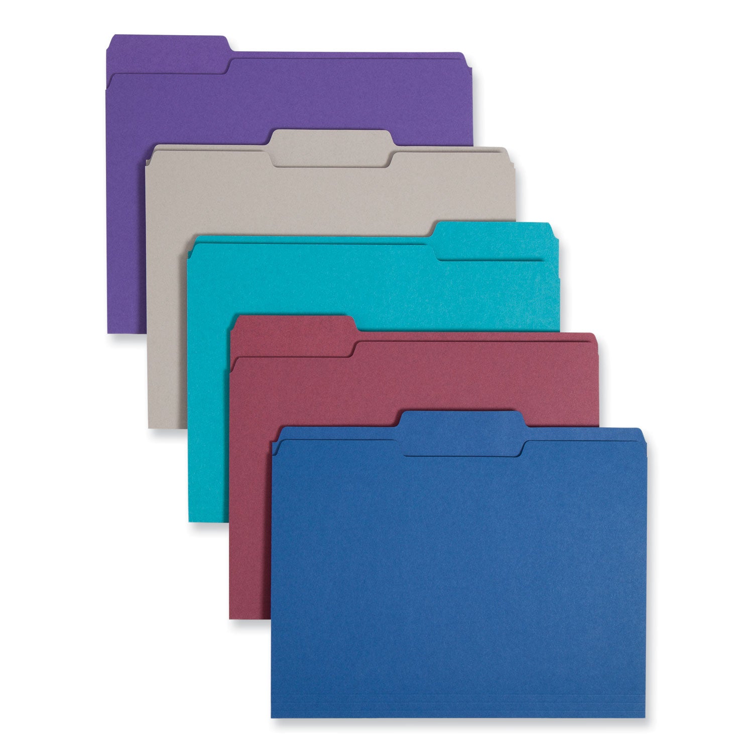 Colored File Folders, 1/3-Cut Tabs: Assorted, Letter Size, 0.75" Expansion, Assorted: Gray/Maroon/Navy/Purple/Teal, 100/Box - 