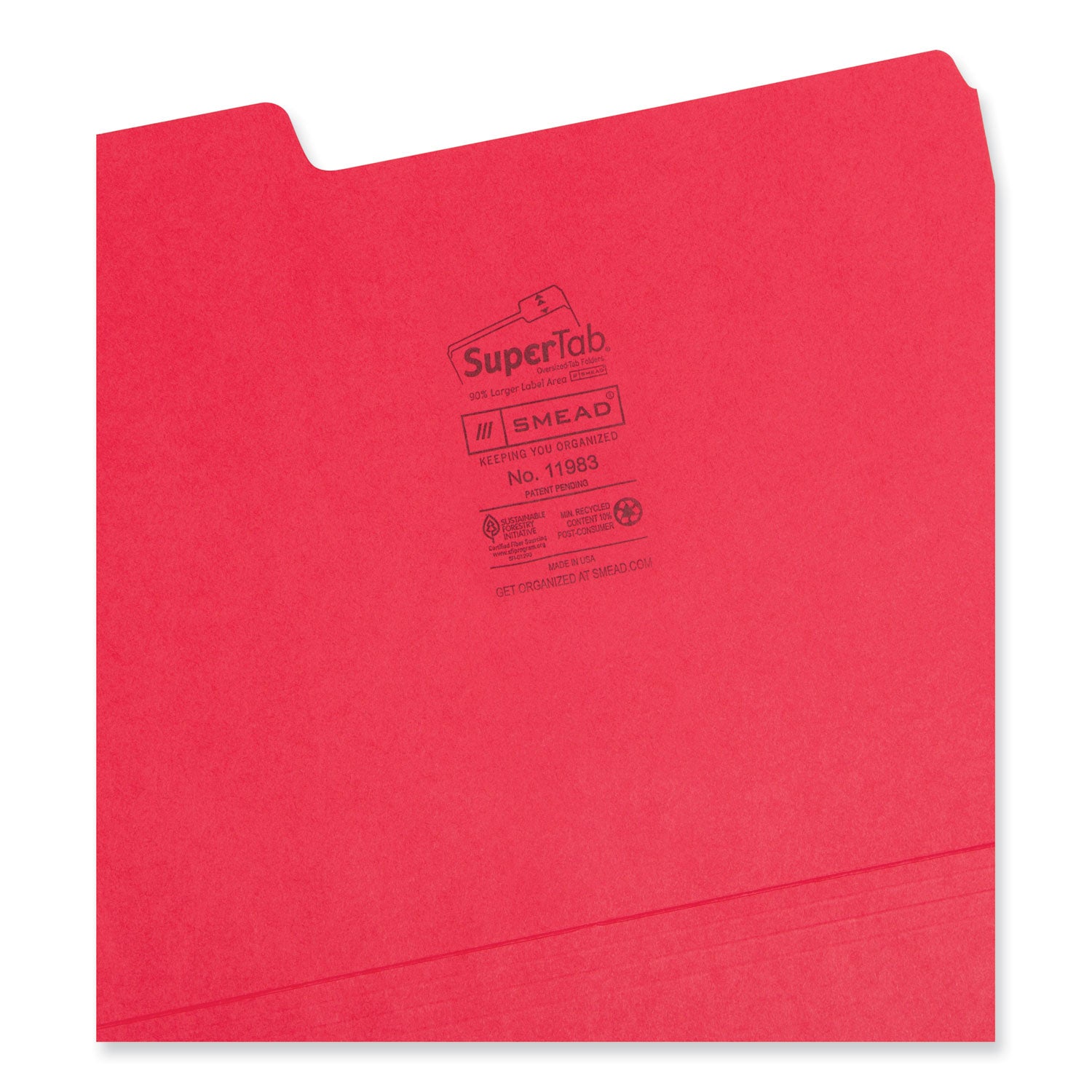 SuperTab Colored File Folders, 1/3-Cut Tabs: Assorted, Letter Size, 0.75" Expansion, 11-pt Stock, Red, 100/Box - 