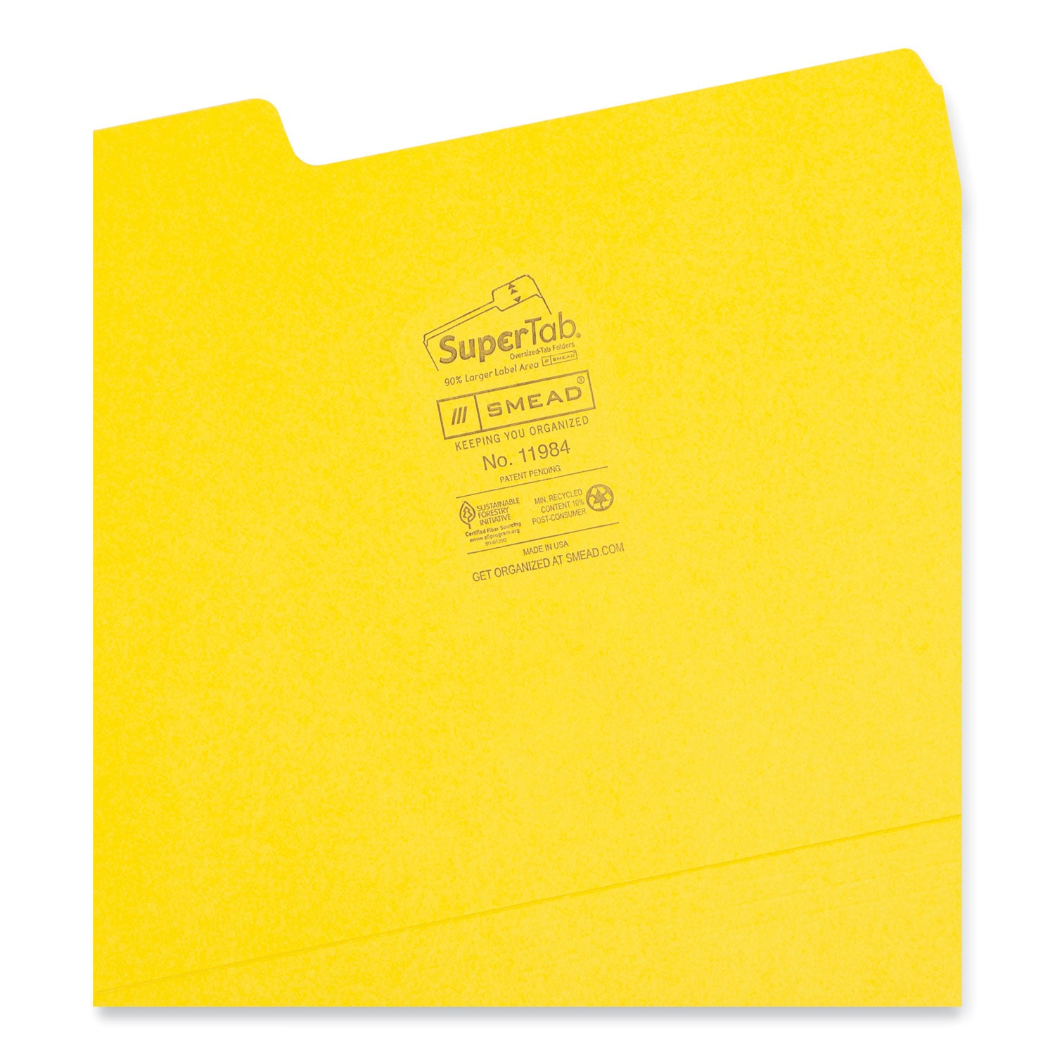 SuperTab Colored File Folders, 1/3-Cut Tabs: Assorted, Letter Size, 0.75" Expansion, 11-pt Stock, Yellow, 100/Box - 