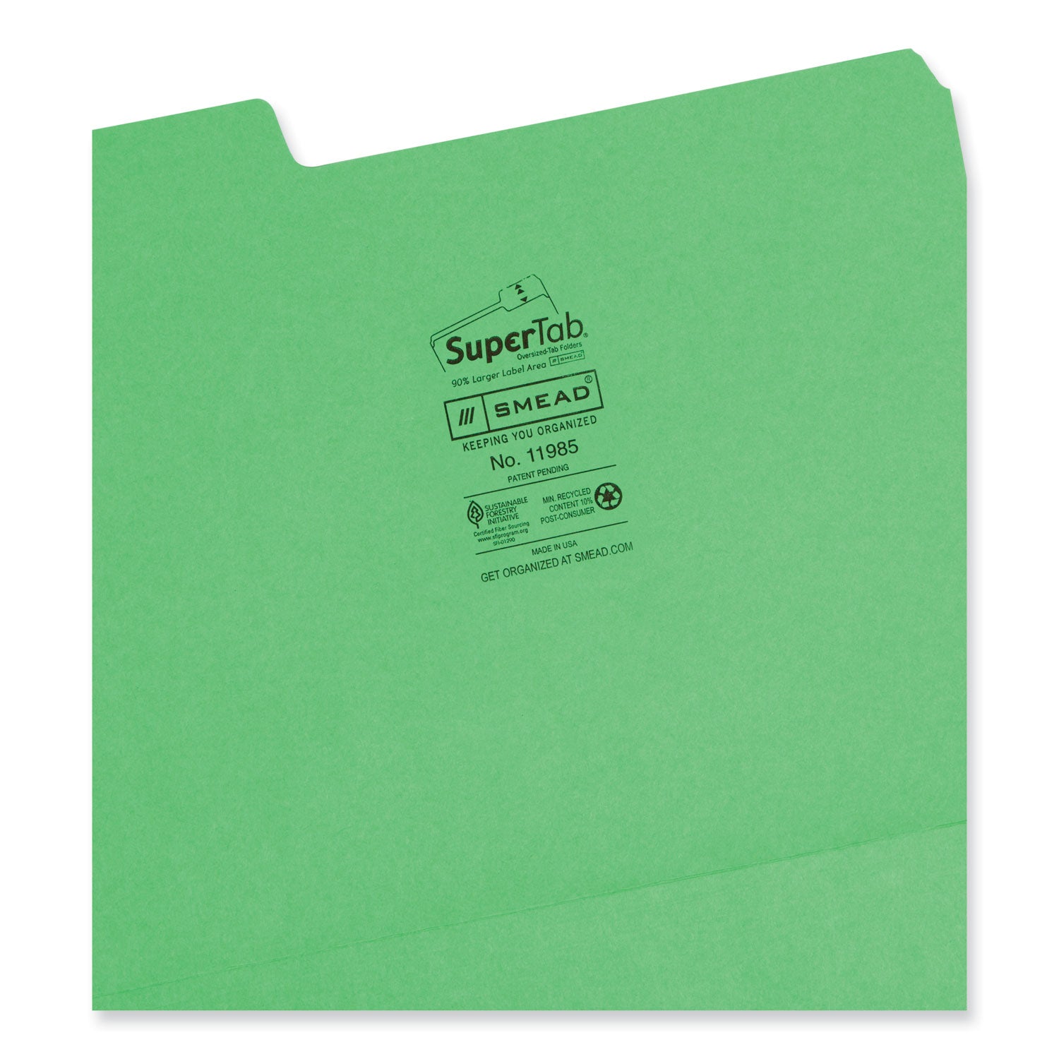 SuperTab Colored File Folders, 1/3-Cut Tabs: Assorted, Letter Size, 0.75" Expansion, 11-pt Stock, Green, 100/Box - 