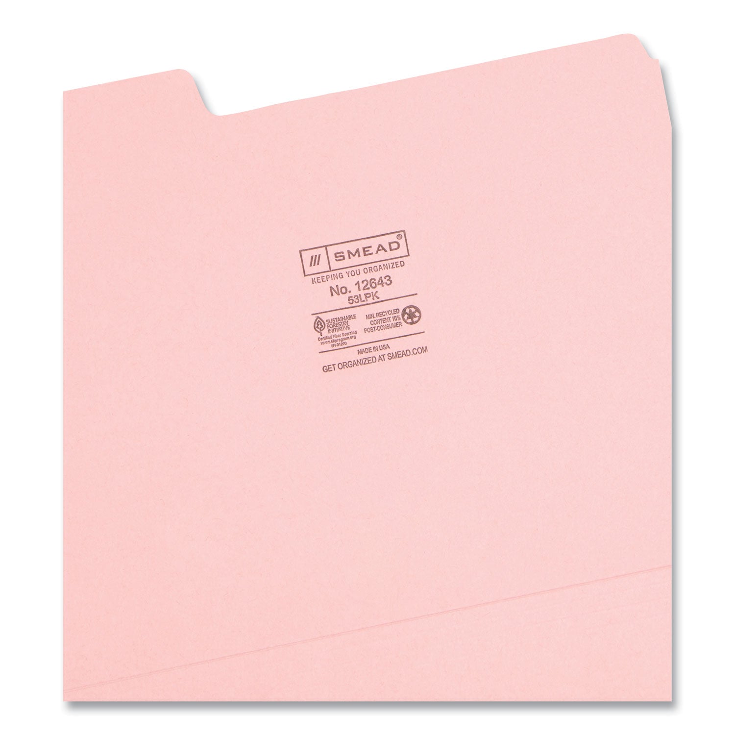 Colored File Folders, 1/3-Cut Tabs: Assorted, Letter Size, 0.75" Expansion, Pink, 100/Box - 