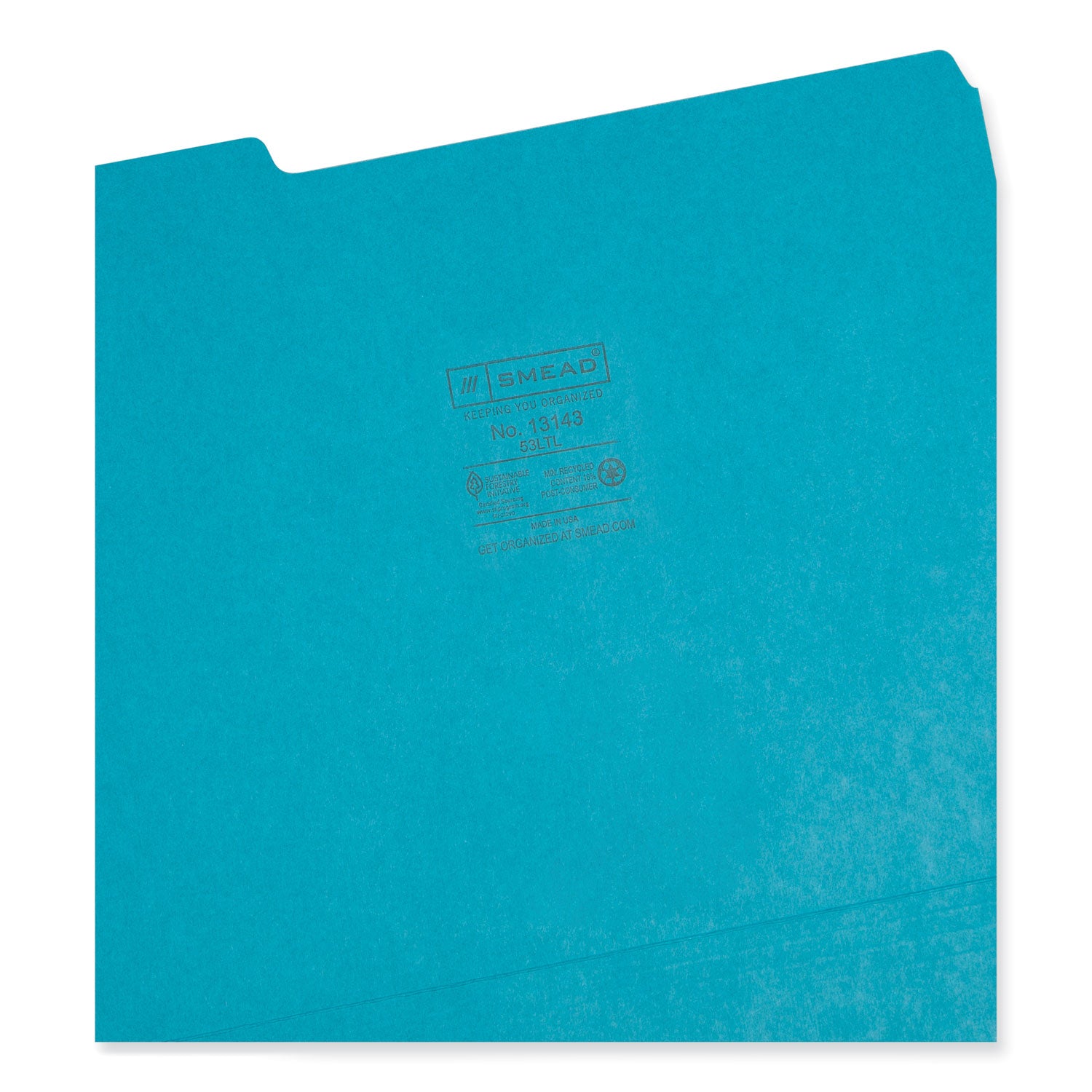 Colored File Folders, 1/3-Cut Tabs: Assorted, Letter Size, 0.75" Expansion, Teal, 100/Box - 