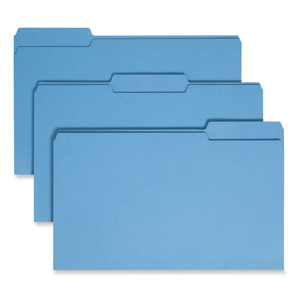Colored File Folders, 1/3-Cut Tabs: Assorted, Legal Size, 0.75" Expansion, Blue, 100/Box - 