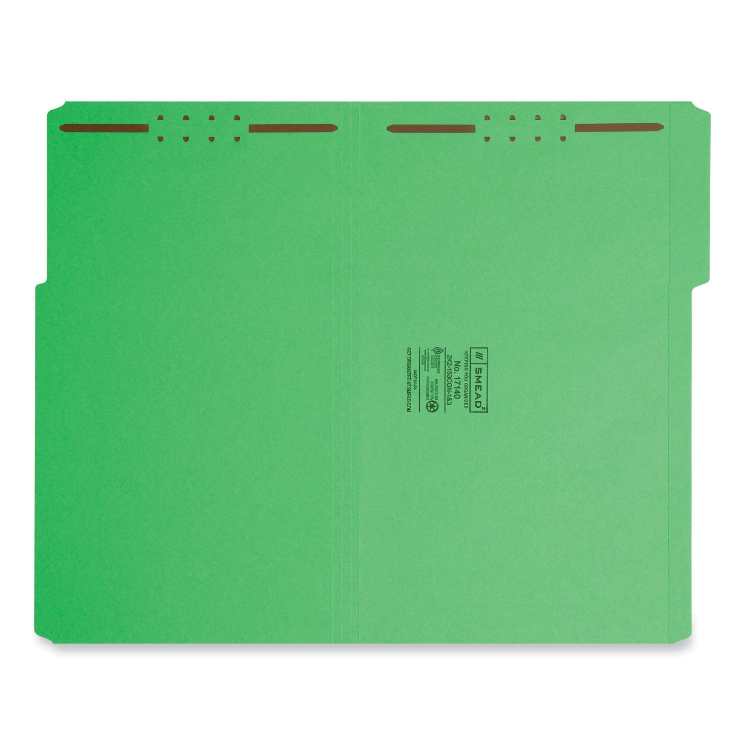 Top Tab Colored Fastener Folders, 0.75" Expansion, 2 Fasteners, Legal Size, Green Exterior, 50/Box - 