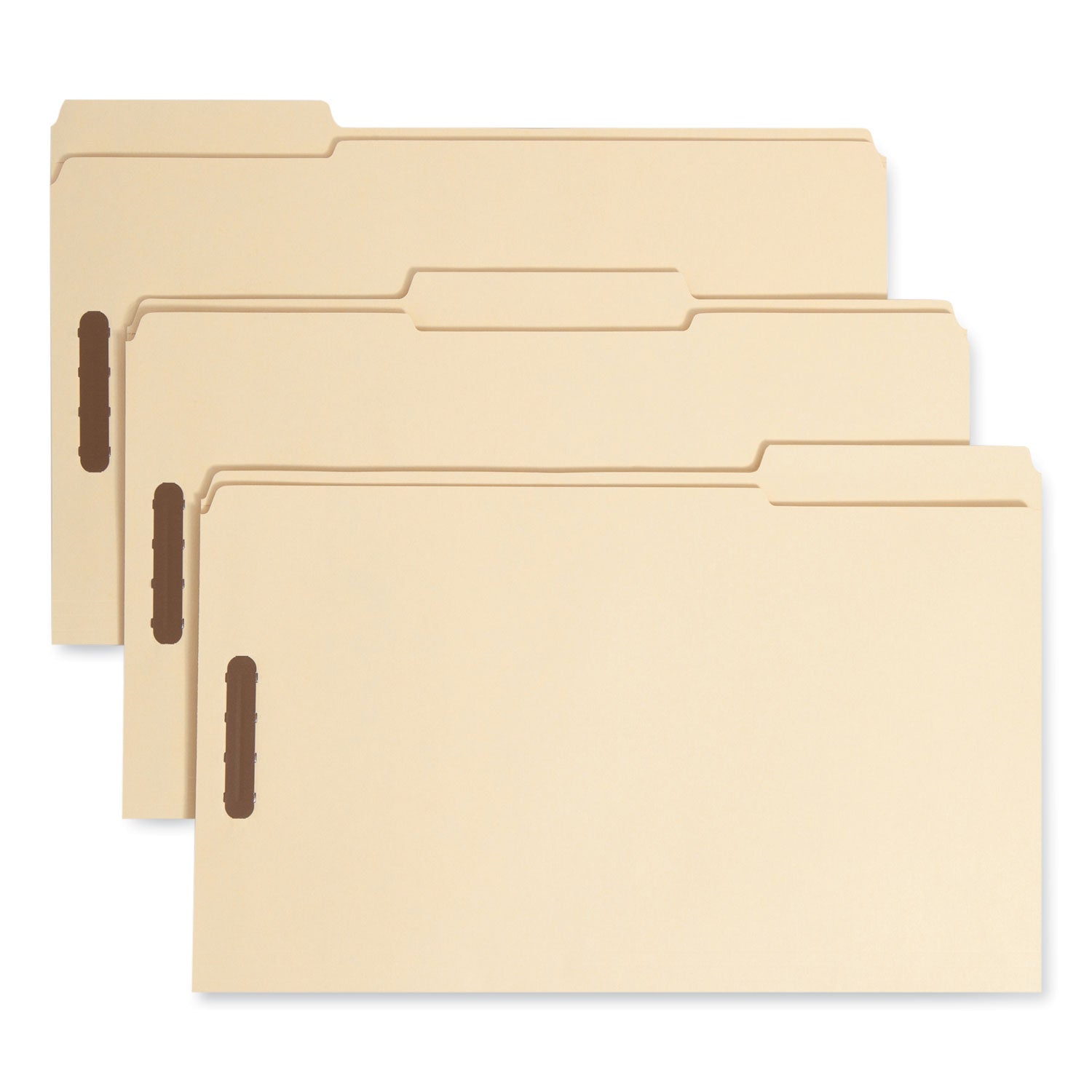 Top Tab Fastener Folders, 1/3-Cut Tabs: Assorted, 0.75" Expansion, 2 Fasteners, Legal Size, Manila Exterior, 50/Box - 