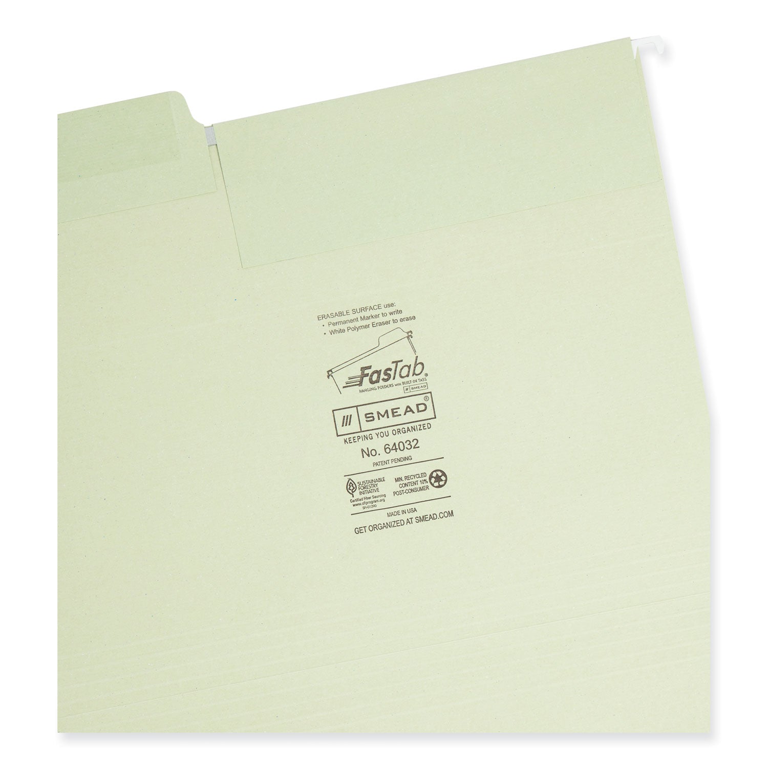 Erasable FasTab Hanging Folders, Letter Size, 1/3-Cut Tabs, Moss, 20/Box - 