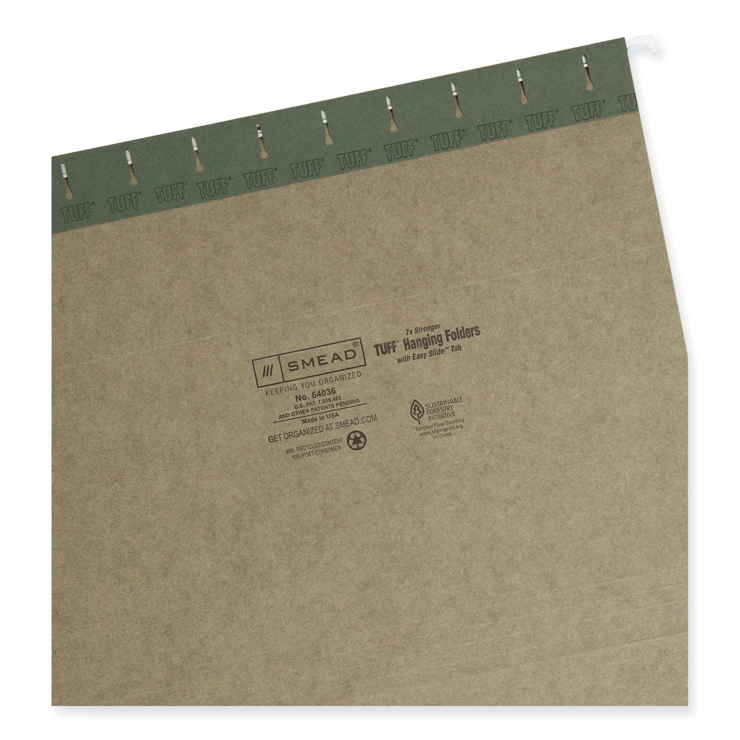 TUFF Hanging Folders with Easy Slide Tab, Letter Size, 1/3-Cut Tabs, Standard Green, 20/Box - 