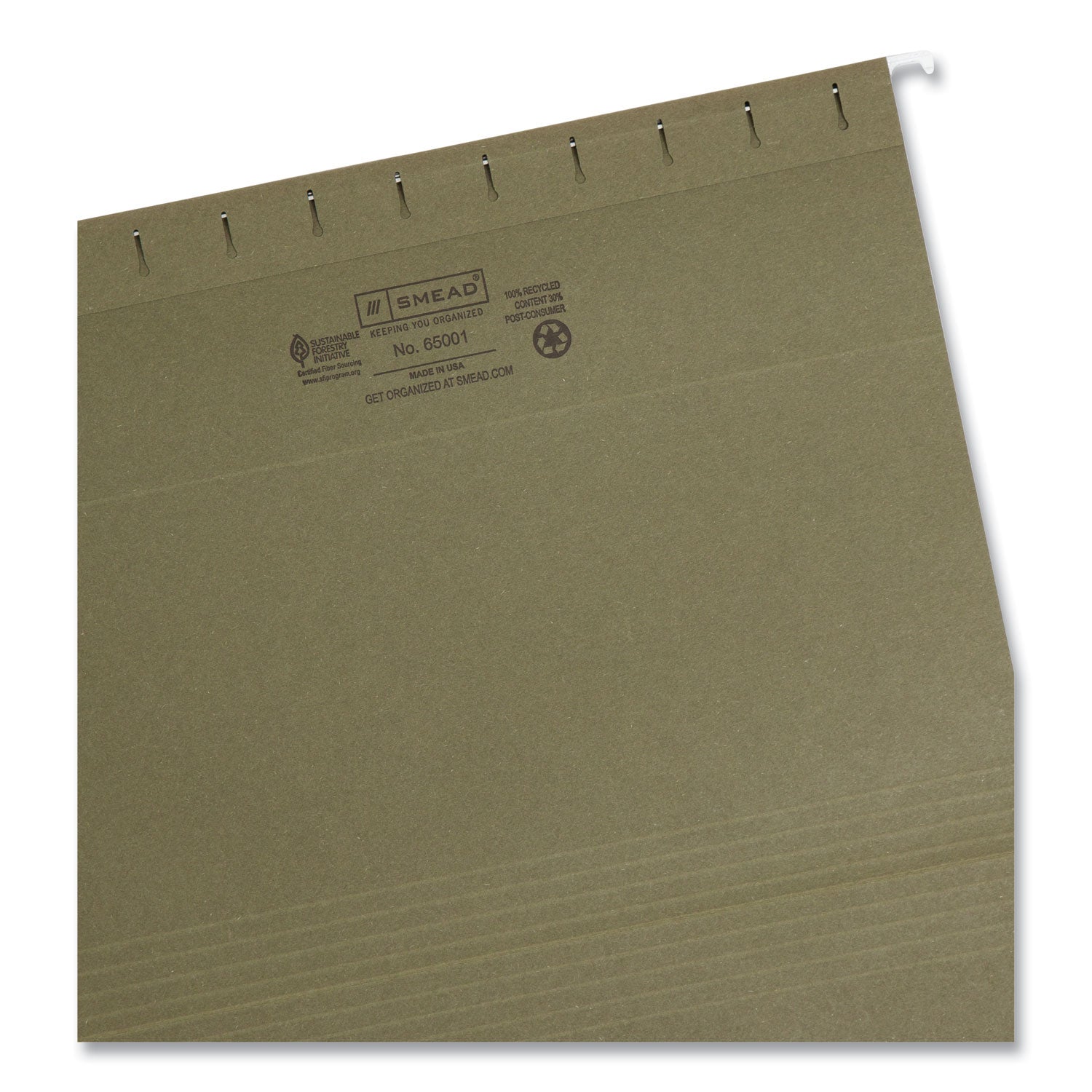 100% Recycled Hanging File Folders, Letter Size, 1/5-Cut Tabs, Standard Green, 25/Box - 