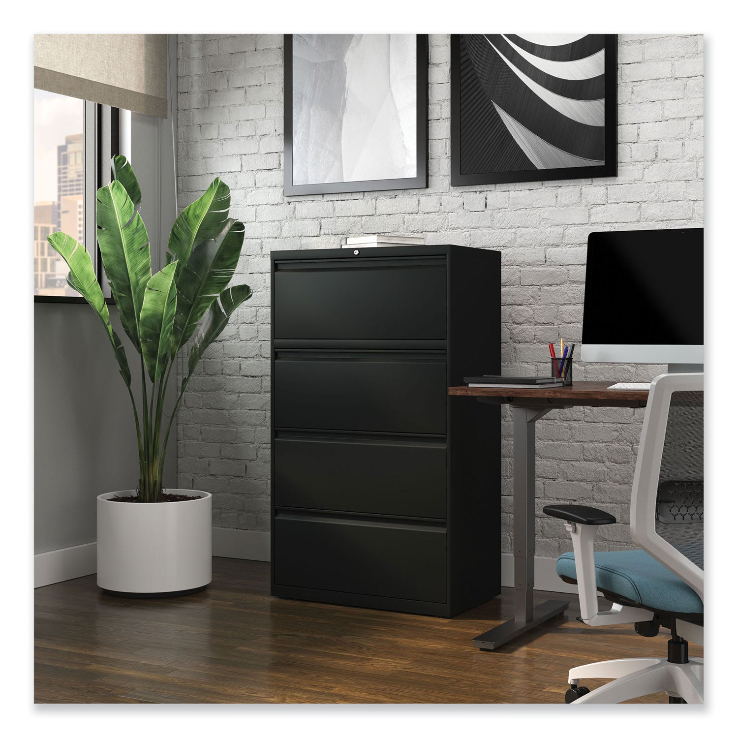 Lateral File, 4 Legal/Letter-Size File Drawers, Black, 30" x 18.63" x 52.5