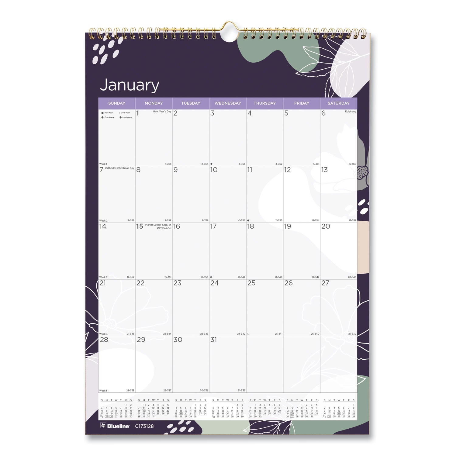 12-Month Colorful Wall Calendar, Abstract Floral Artwork, 12 x 17, White Sheets, 12-Month (Jan to Dec): 2024 - 1