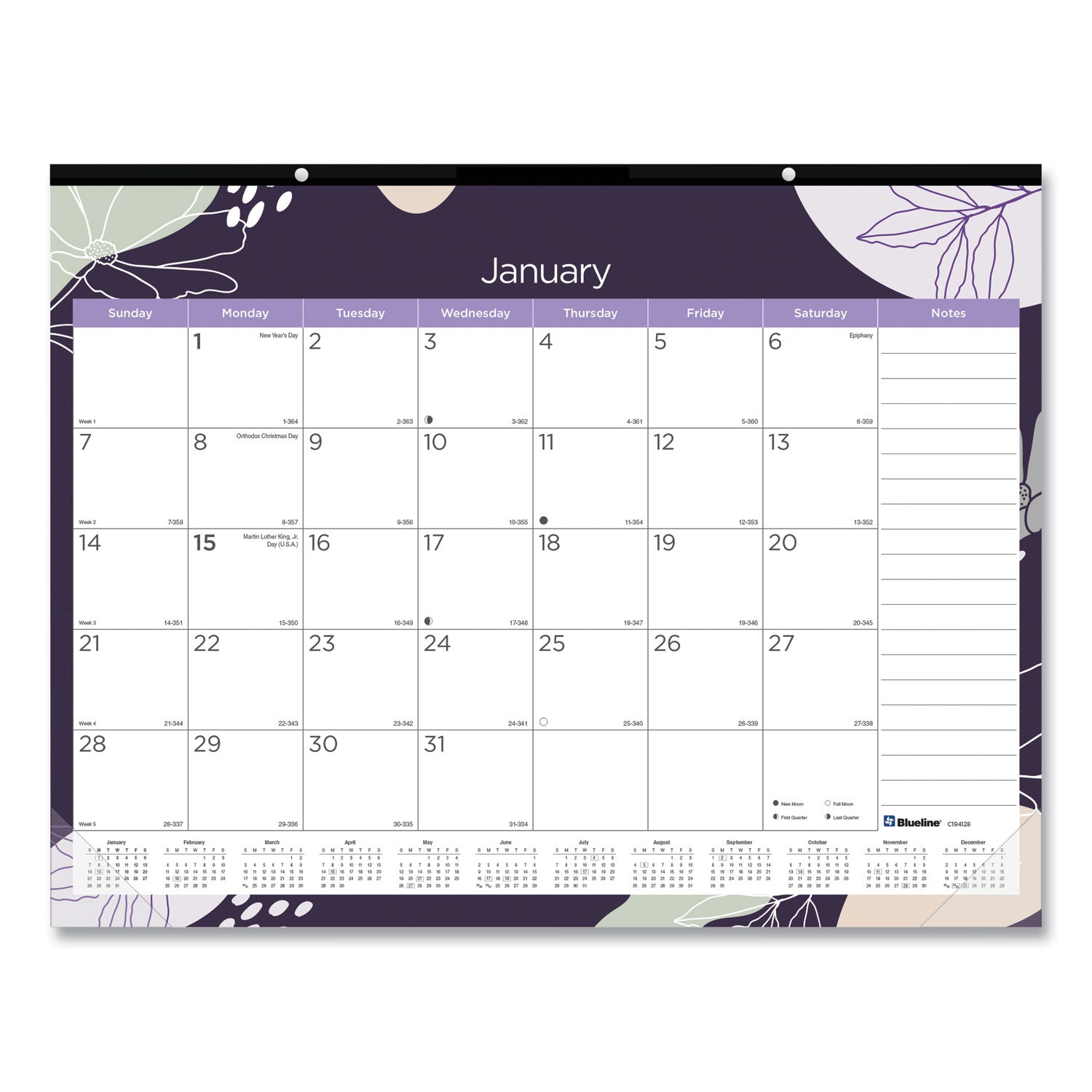 Blueline Abstract Floral Monthly Desk Pad - Monthly - 12 Month - January 2024 - December 2024 - 1 Month Single Page Layout - 17" x 22" Sheet Size - Desk Pad - Abstract Floral, Clear - Chipboard, Vinyl - Dated Planning Page, Daily Block, Notes Section - 1