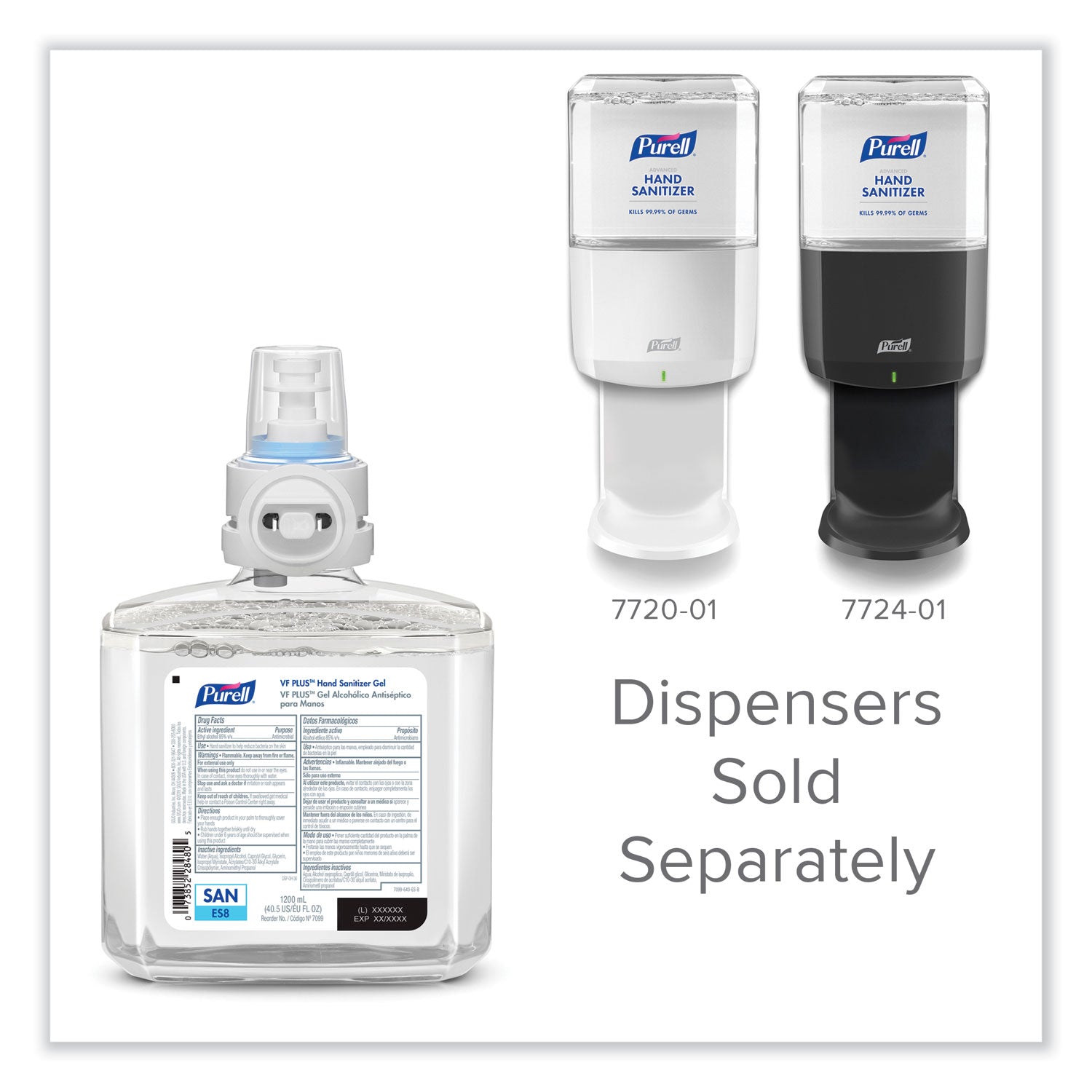 VF PLUS Hand Sanitizer Gel, 1,200 mL Refill Bottle, Fragrance-Free, For ES8 Dispensers, 2/Carton