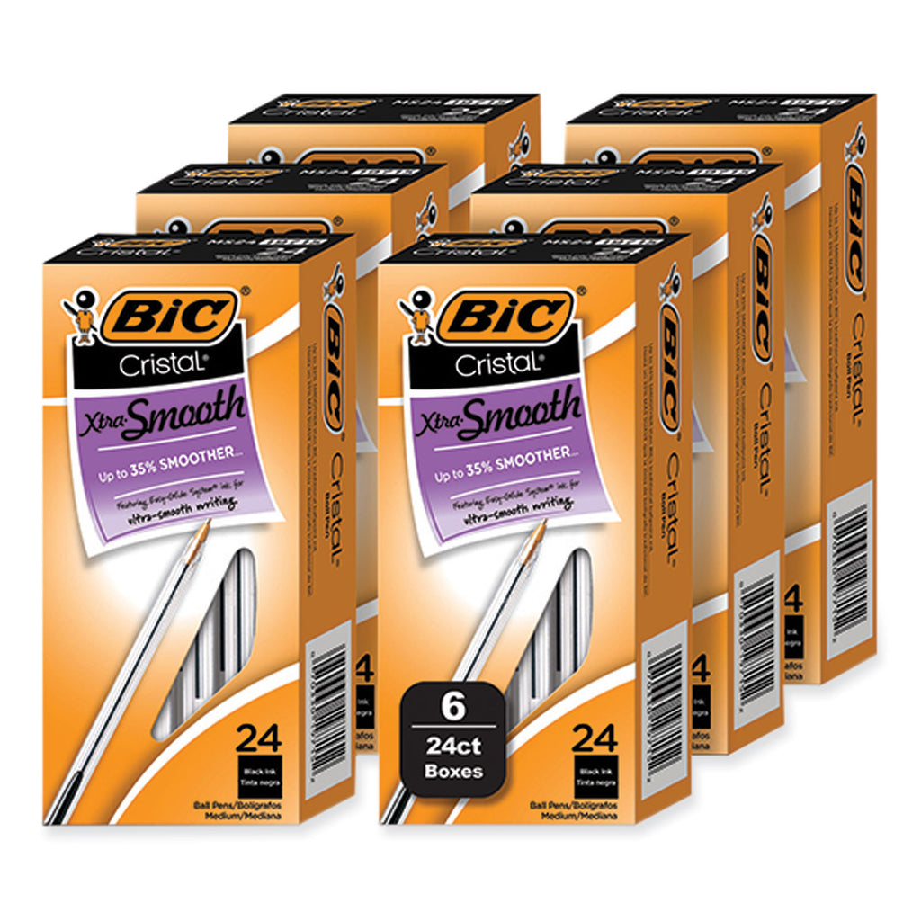 cristal-xtra-smooth-ballpoint-pen-stick-medium-1-mm-black-ink-clear-barrel-24-box-6-boxes-pack_bicms144eblk - 1