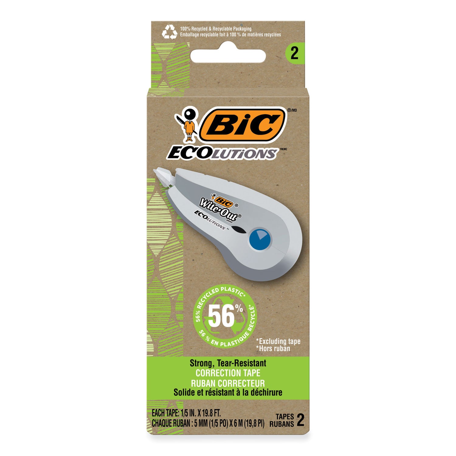 Wite-Out Brand Ecolutions Correction Tape, Non-Refillable, White, 0.2" x 19.8 ft, 2/Pack