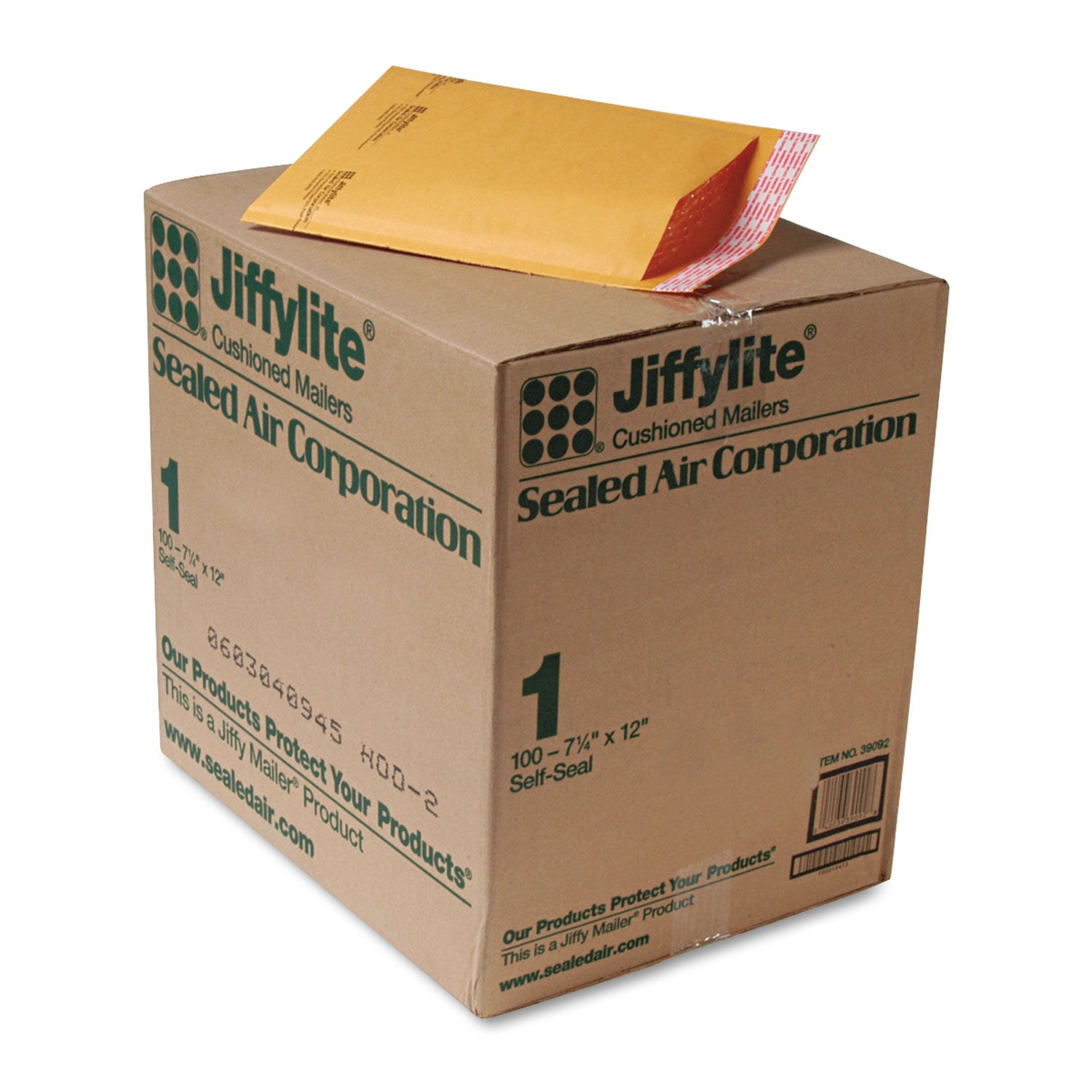 Jiffylite Self-Seal Bubble Mailer, #1, Barrier Bubble Air Cell Cushion, Self-Adhesive Closure, 7.25 x 12, Brown Kraft, 100/CT - 