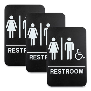 indoor-outdoor-restroom-sign-with-braille-text-and-wheelchair-6-x-9-black-face-white-graphics-3-pack_exohd0036s - 1