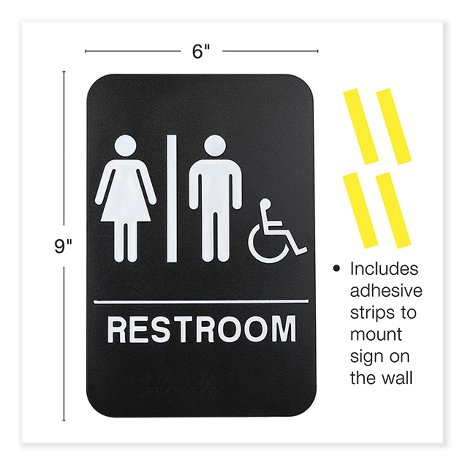Indoor/Outdoor Restroom Sign with Braille Text and Wheelchair, 6" x 9", Black Face, White Graphics, 3/Pack