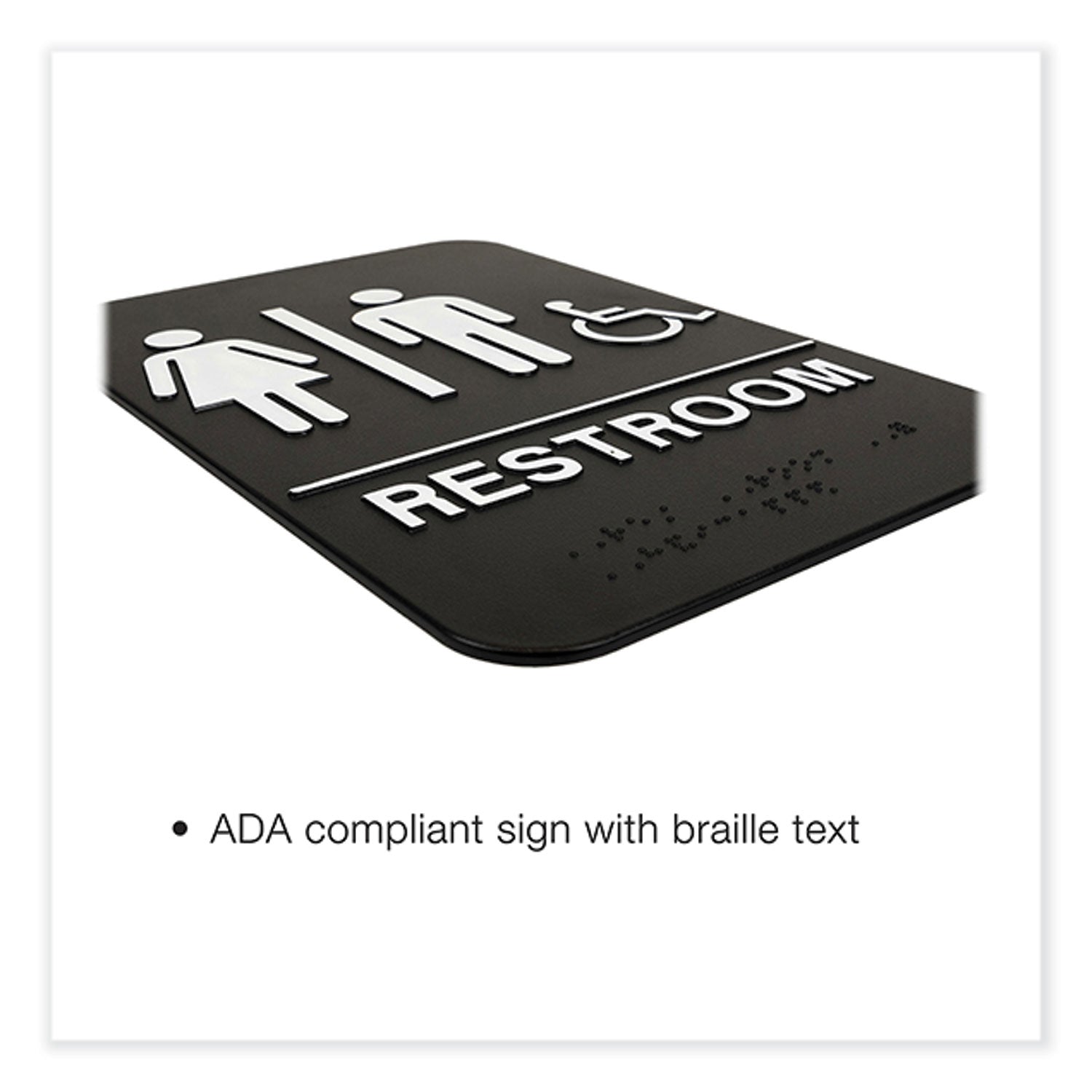 indoor-outdoor-restroom-sign-with-braille-text-and-wheelchair-6-x-9-black-face-white-graphics-3-pack_exohd0036s - 3