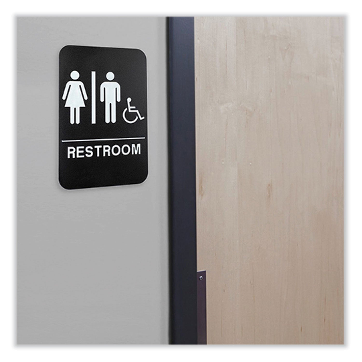indoor-outdoor-restroom-sign-with-braille-text-and-wheelchair-6-x-9-black-face-white-graphics-3-pack_exohd0036s - 4