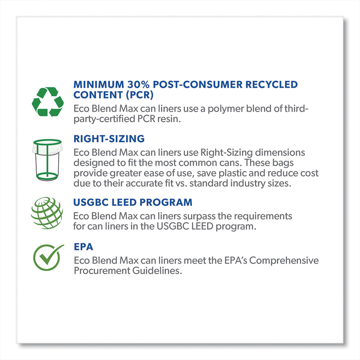 Eco Blend Max Can Liners, 23 gal, 0.8 mil, 28" x 45", Green Tint, 25 Bags/Roll, 10 Rolls/Carton