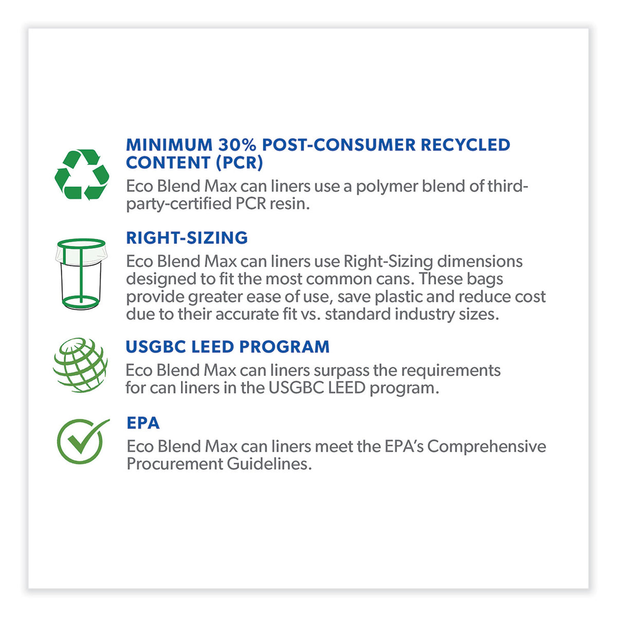Eco Blend Max Can Liners, 23 gal, 0.8 mil, 28" x 45", Blue, 25 Bags/Roll, 10 Rolls/Carton