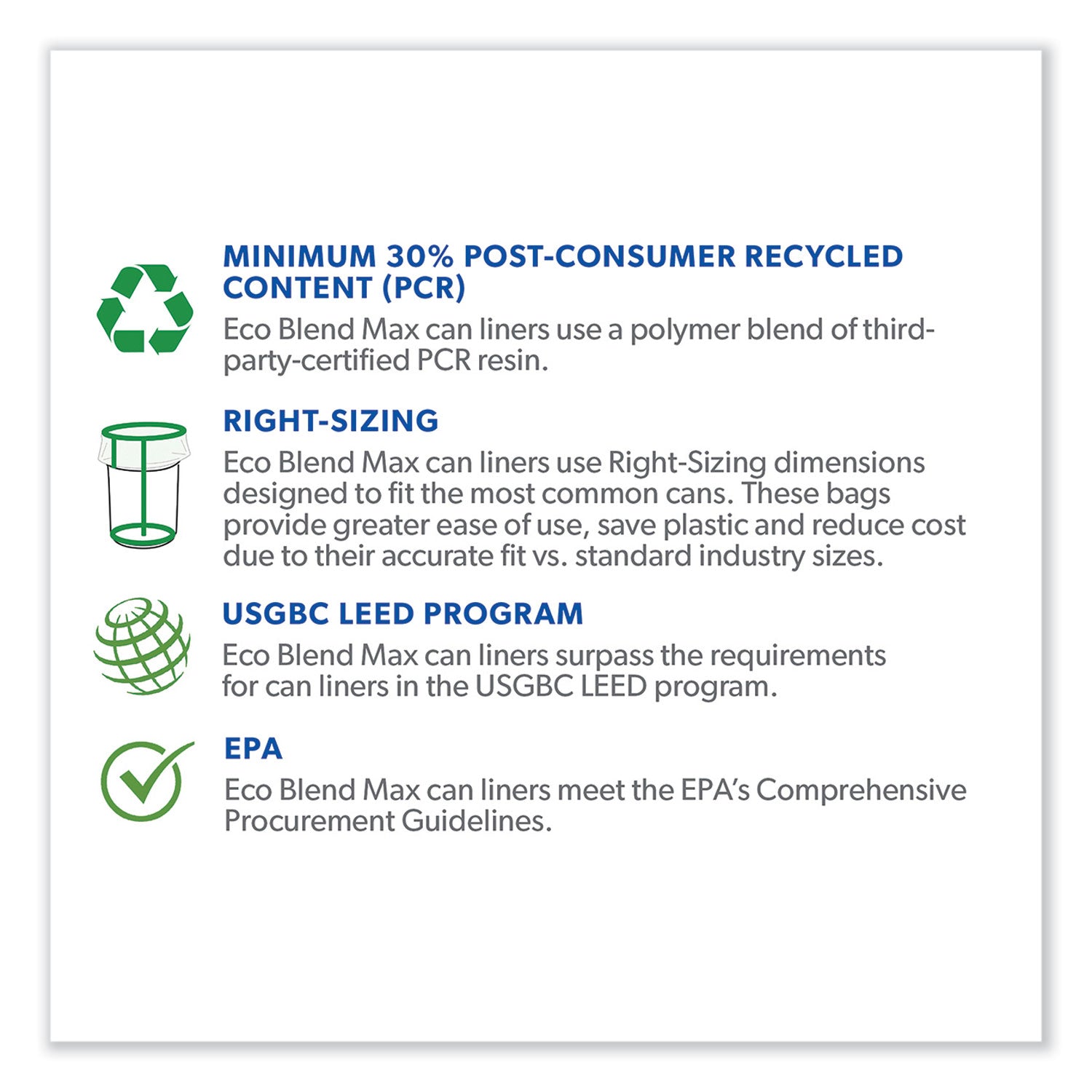 Eco Blend Max Can Liners, 40 to 45 gal, 0.8 mil, 40" x 46", Clear, 25 Bags/Roll, 6 Rolls/Carton