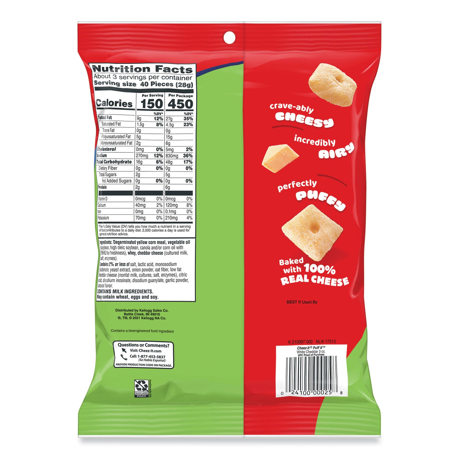 Puff'd Crackers, White Cheddar, 3 oz Bag, 6/Carton