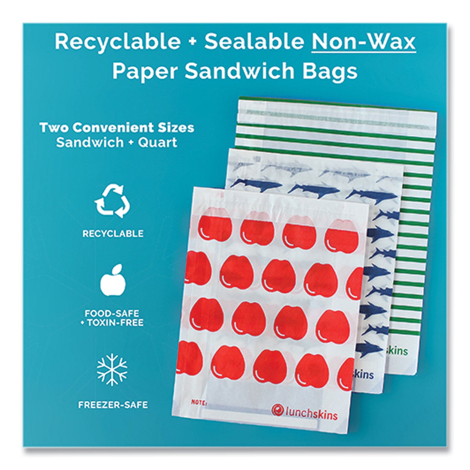 Peel and Seal Sandwich Bag with Closure Strip, 6.3 x 2 x 7.9, White with Blue Shark, 50/Box
