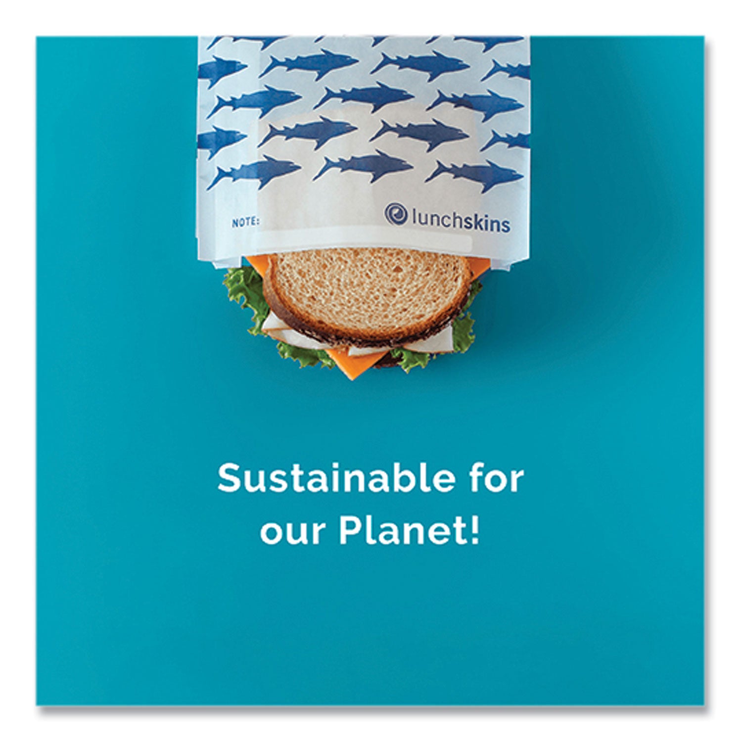 Peel and Seal Sandwich Bag with Closure Strip, 6.3 x 2 x 7.9, White with Blue Shark, 50/Box