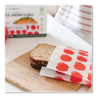 Peel and Seal Sandwich Bag with Closure Strip, 6.3 x 2 x 7.9, White with Red Apple, 50/Box