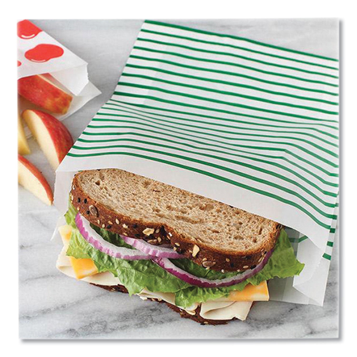 Paper Sandwich Bag, 7.1 x 2 x 9.4, White with Green Stripes, 50/Box