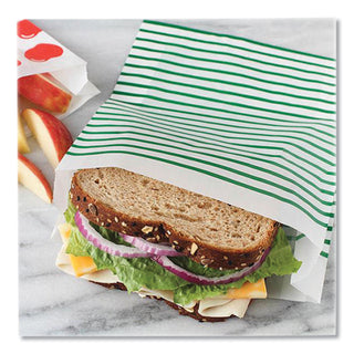 Paper Sandwich Bag, 7.1 x 2 x 9.4, White with Green Stripes, 50/Box