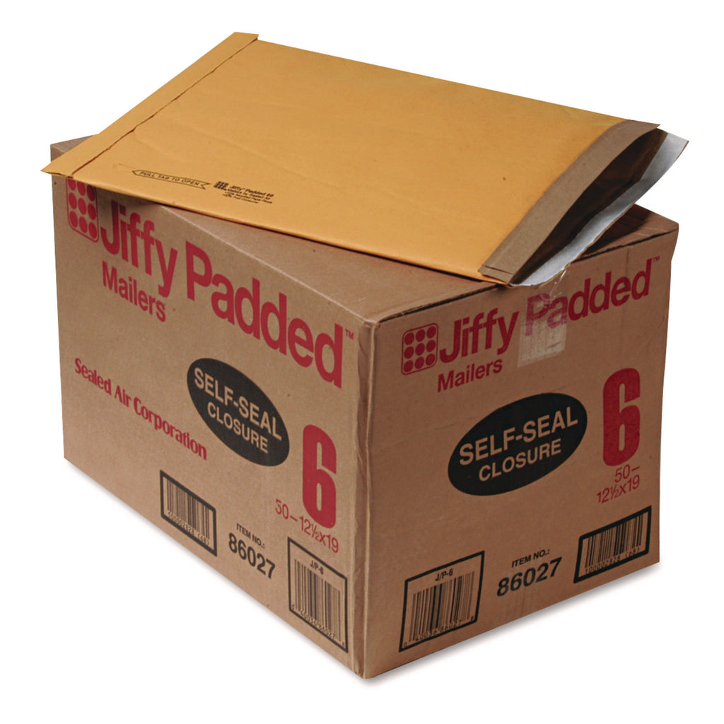 Jiffy Padded Mailer, #6, Paper Padding, Self-Adhesive Closure, 12.5 x 19, Natural Kraft, 50/Carton