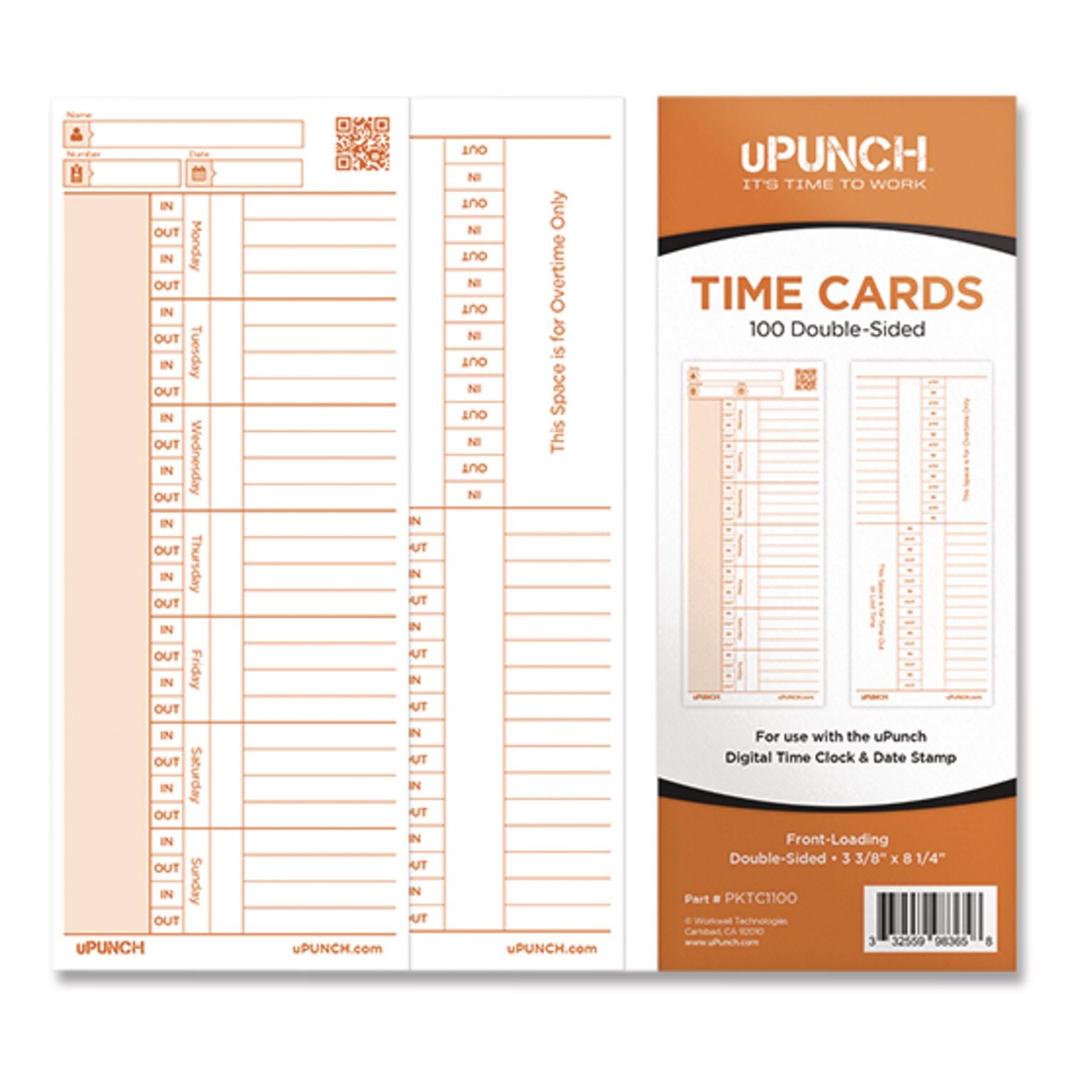 Time Card for PK1100 Time Clock, Two Sides, 3.38 x 8.25, 100/Pack