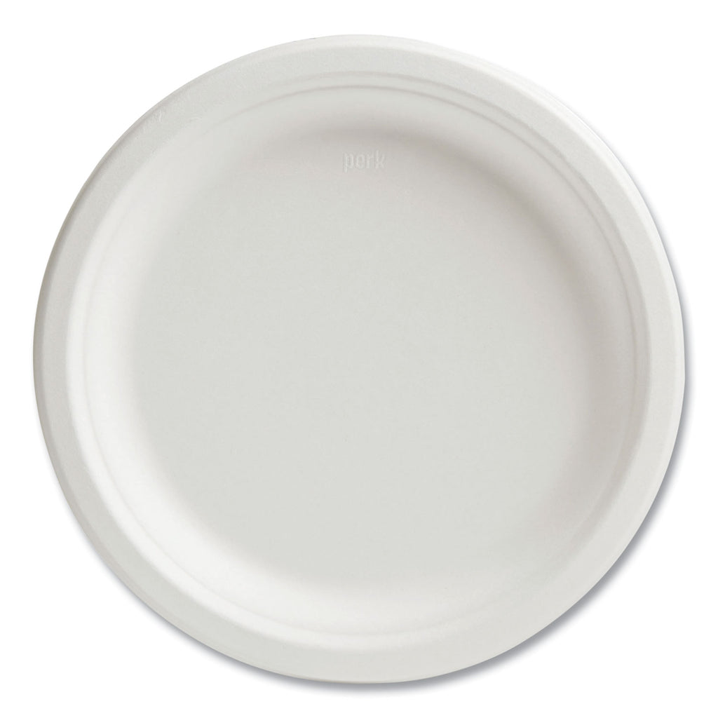 PFAS-Free Compostable Bagasse Plates, 9" dia, White, 250/Pack