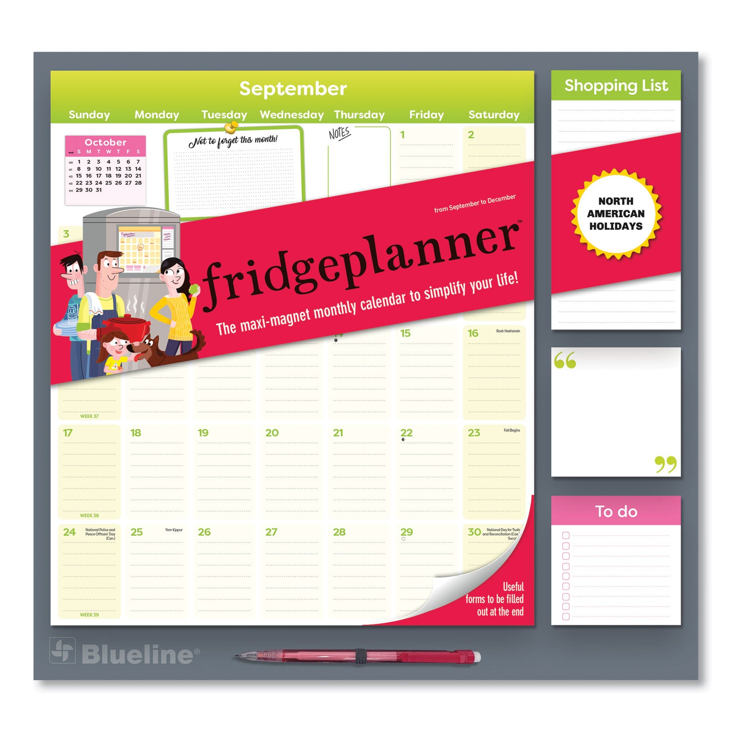 Fridge Planner Magnetized Monthly Calendar with Pads + Pencil, 14 x 13.5, Yellow/Green Sheets, 16-Month (Sept-Dec): 2024-2025 - 1