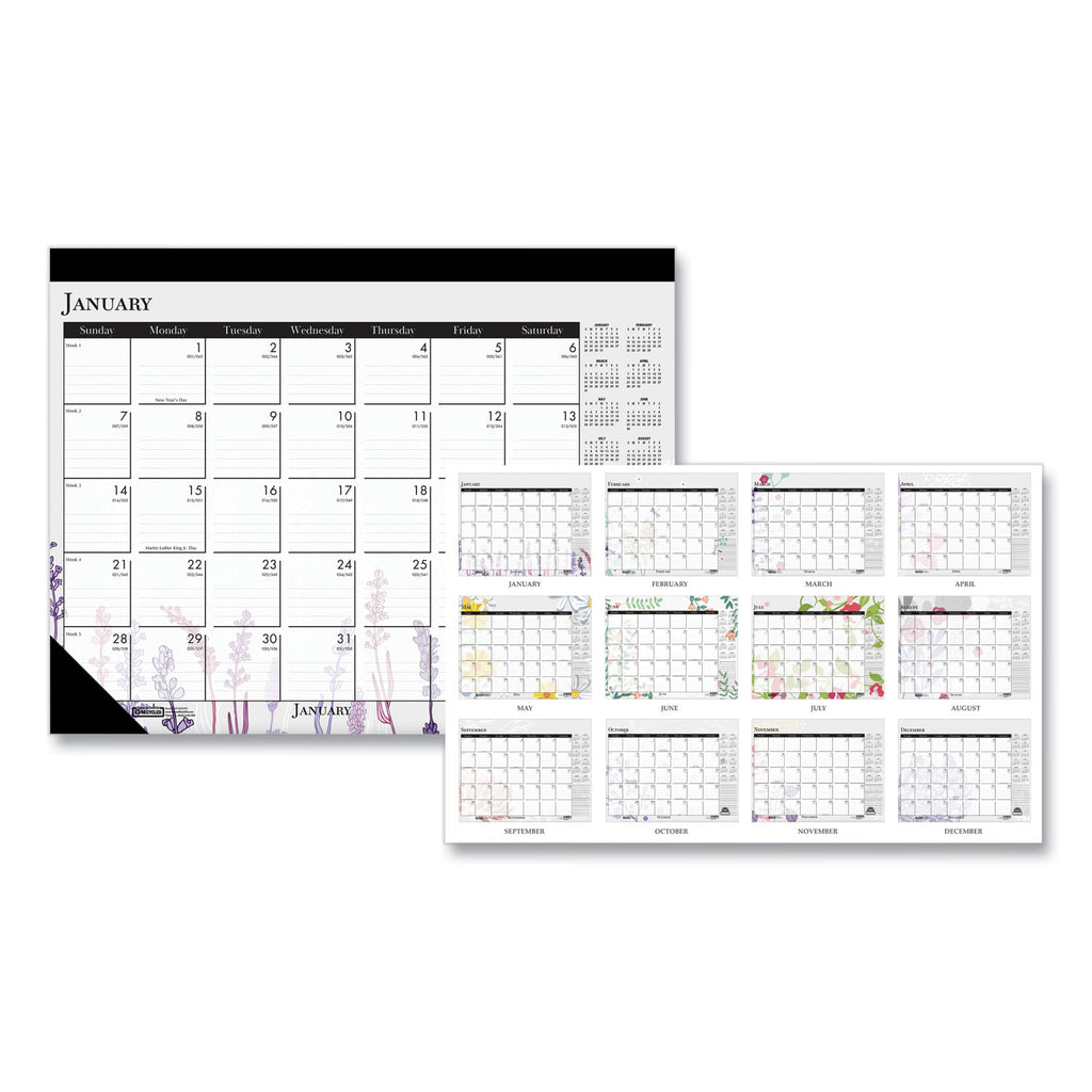 Recycled Desk Pad Calendar, Wild Flowers Artwork, 22 x 17, White Sheets, Black Binding/Corners,12-Month (Jan-Dec): 2024