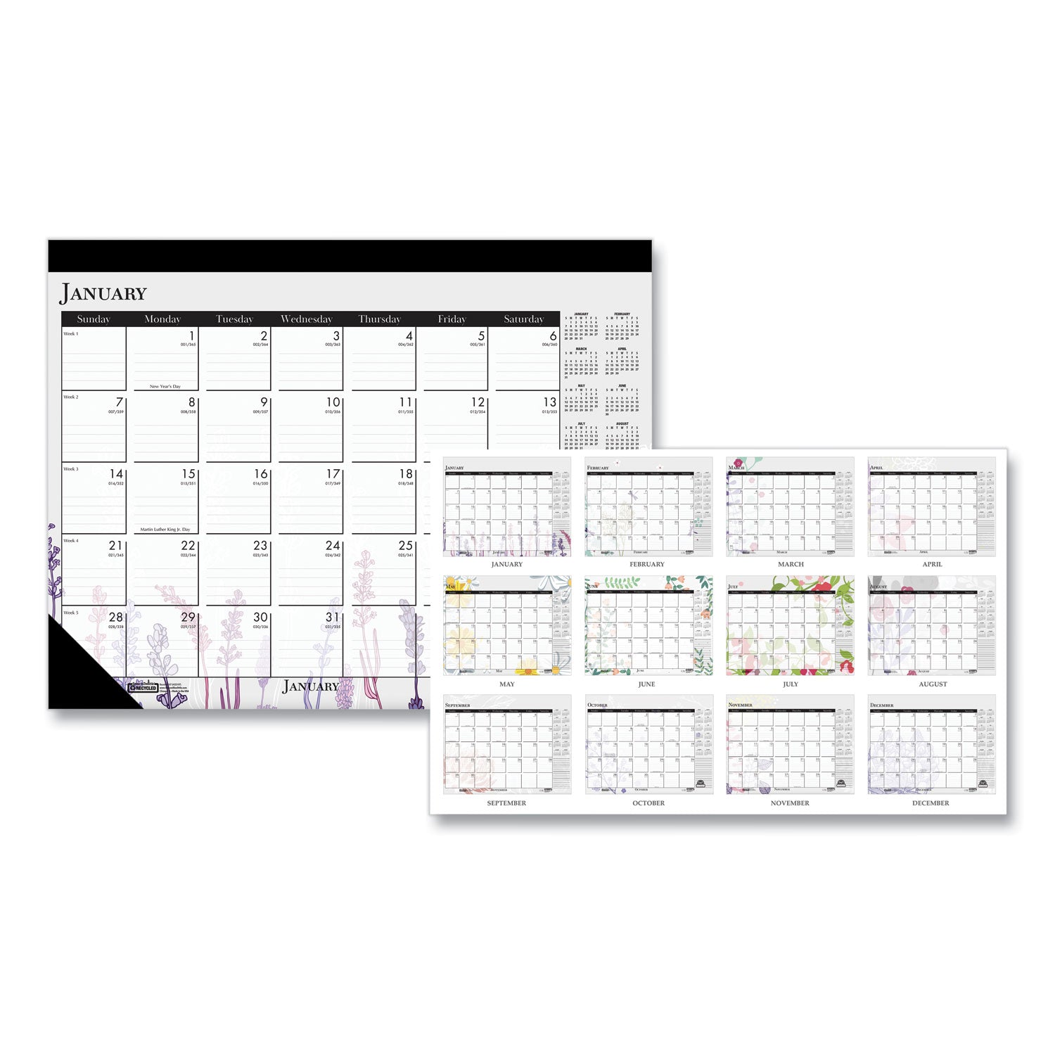 Recycled Desk Pad Calendar, Wild Flowers Artwork, 22 x 17, White Sheets, Black Binding/Corners,12-Month (Jan-Dec): 2024