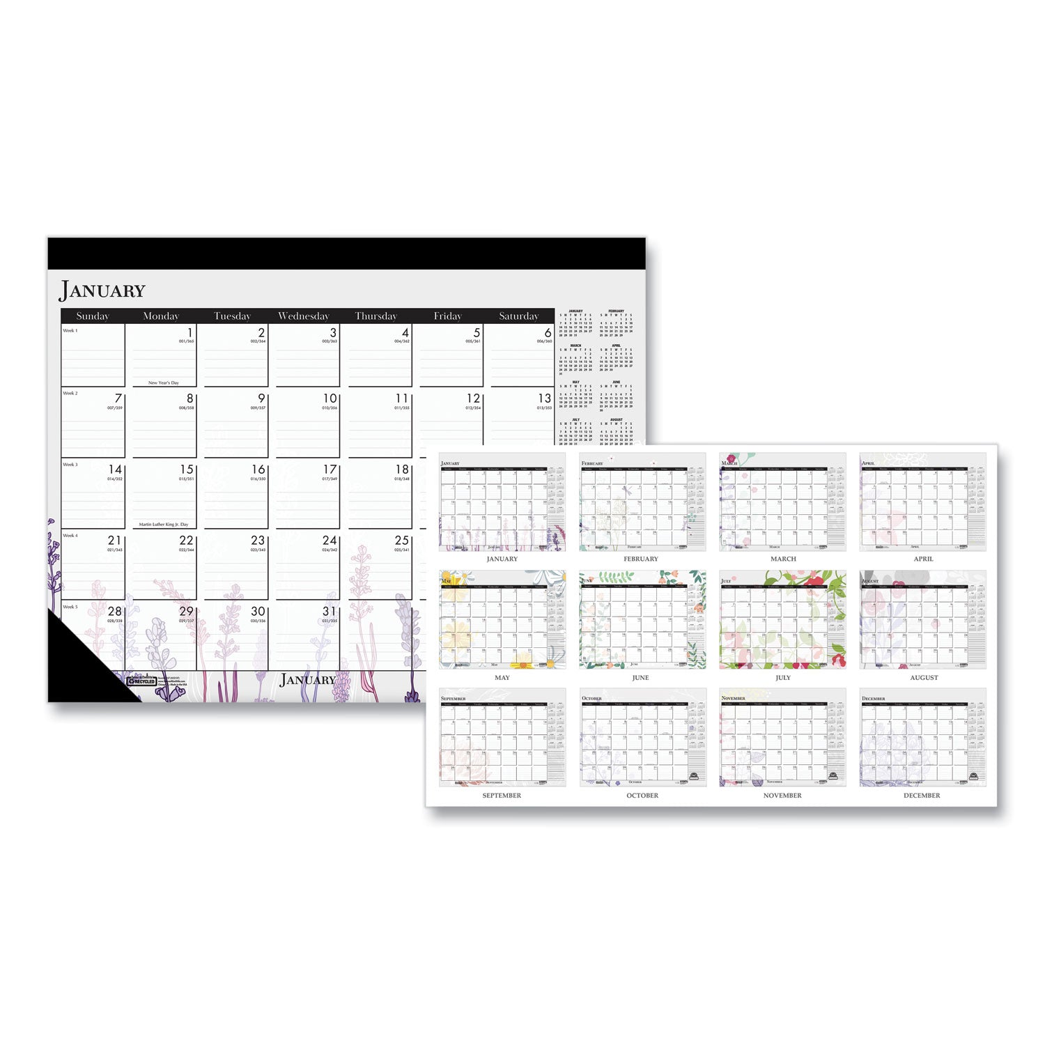 recycled-desk-pad-calendar-wild-flowers-artwork-22-x-17-white-sheets-black-binding-corners12-month-jan-dec-2024_hod197 - 1