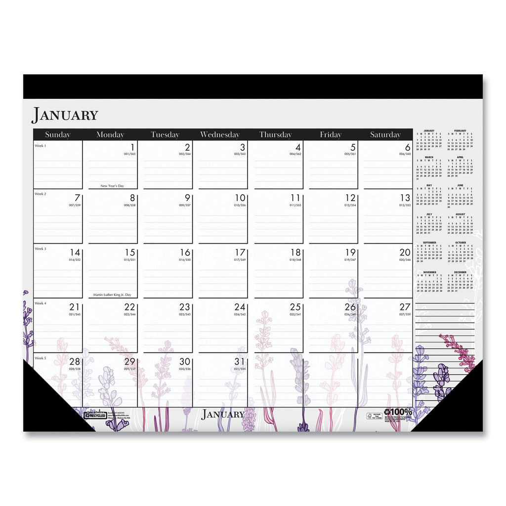 Recycled Desk Pad Calendar, Wild Flowers Artwork, 22 x 17, White Sheets, Black Binding/Corners,12-Month (Jan-Dec): 2024