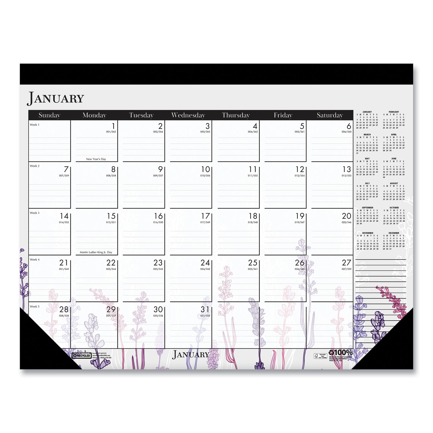 Recycled Desk Pad Calendar, Wild Flowers Artwork, 22 x 17, White Sheets, Black Binding/Corners,12-Month (Jan-Dec): 2024